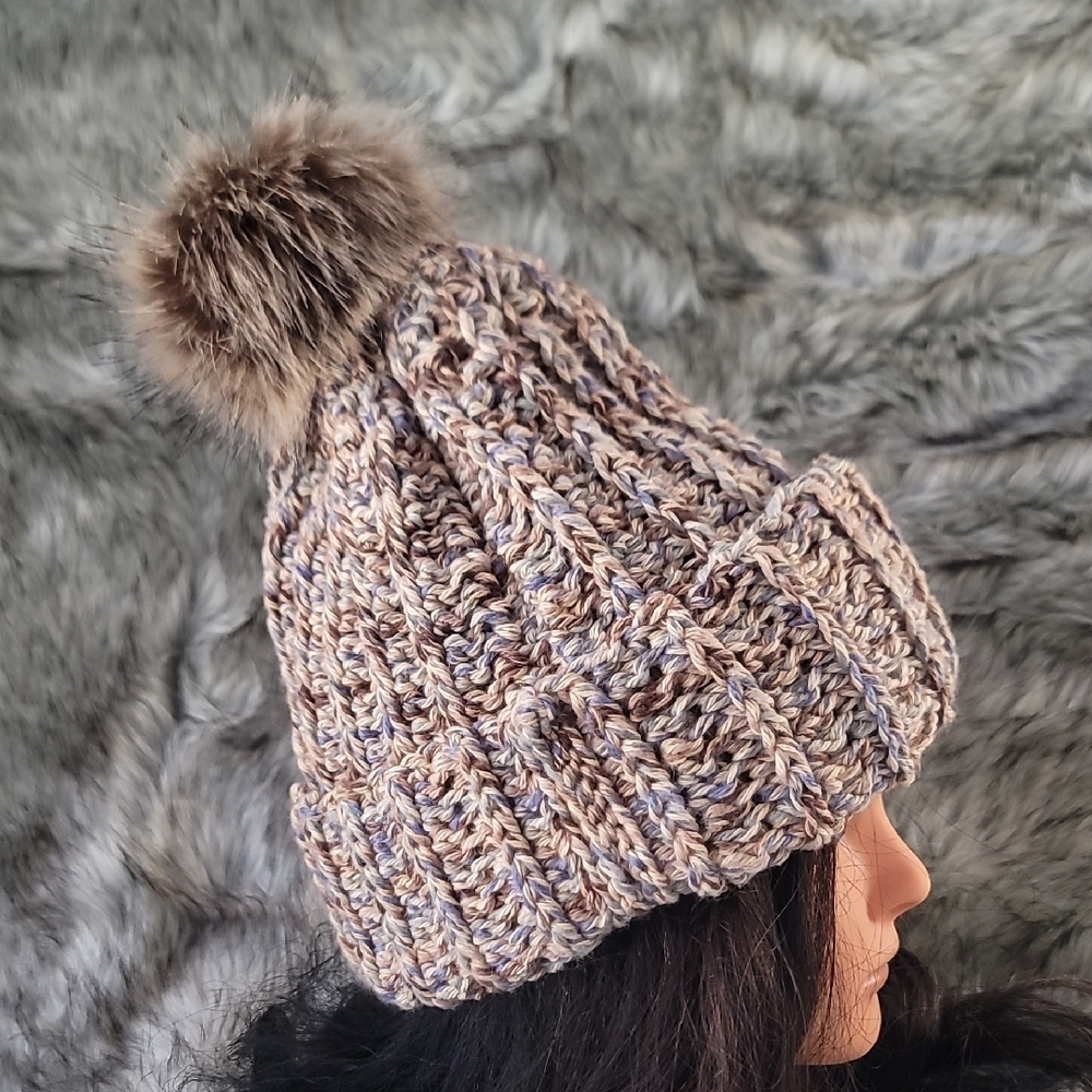 Hand Crocheted Fur Pom-Pom Snow Hat/Beanie - Picture 2 of 8